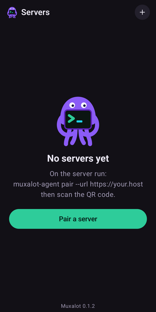 Muxalot on Android in the dark theme: the Servers screen with a Pair a server button