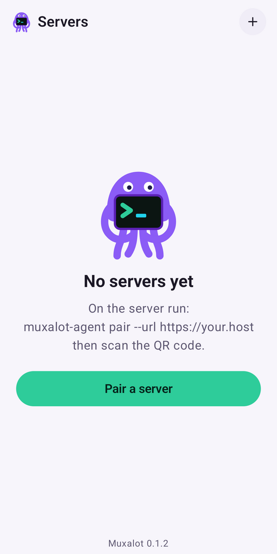 Muxalot on Android in the light theme: the Servers screen with a Pair a server button